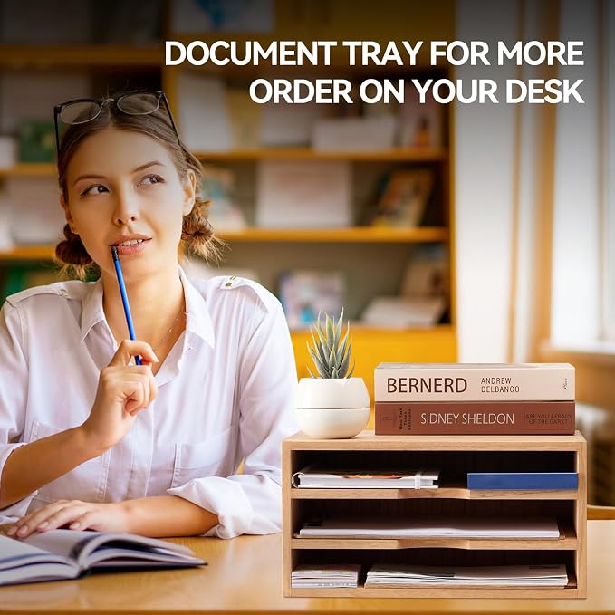 KIRIGEN Wooden Desktop Organizer, 3 Tier Solid Wood Letter Tray and Paper File - Image 7