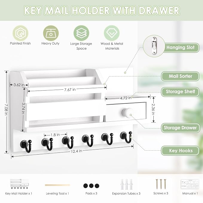VIS'V Key Holder Wall Mount, Wooden Mail and Key Organizer, Small Shelf - Image 3
