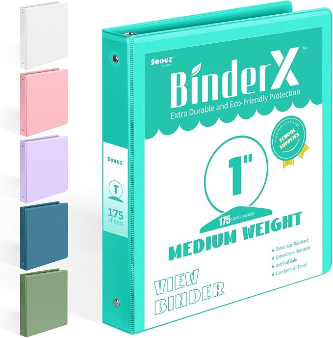 BinderX Extra Durable 3 Ring Binder, Round Rings 1 Inch Binder, Fits 175 Sheets by Sooez