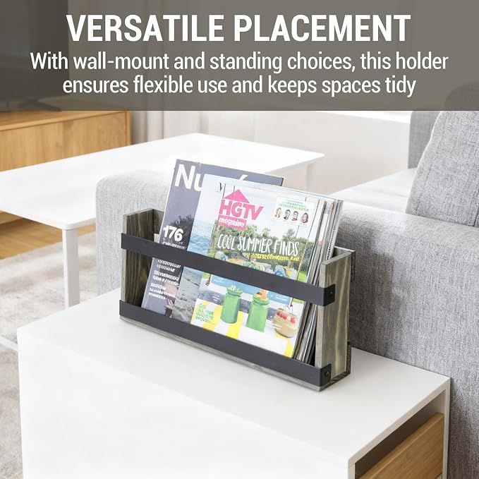 MyGift Vintage Gray Solid Wood and Industrial Matte Black Metal Magazine Rack - Image 3