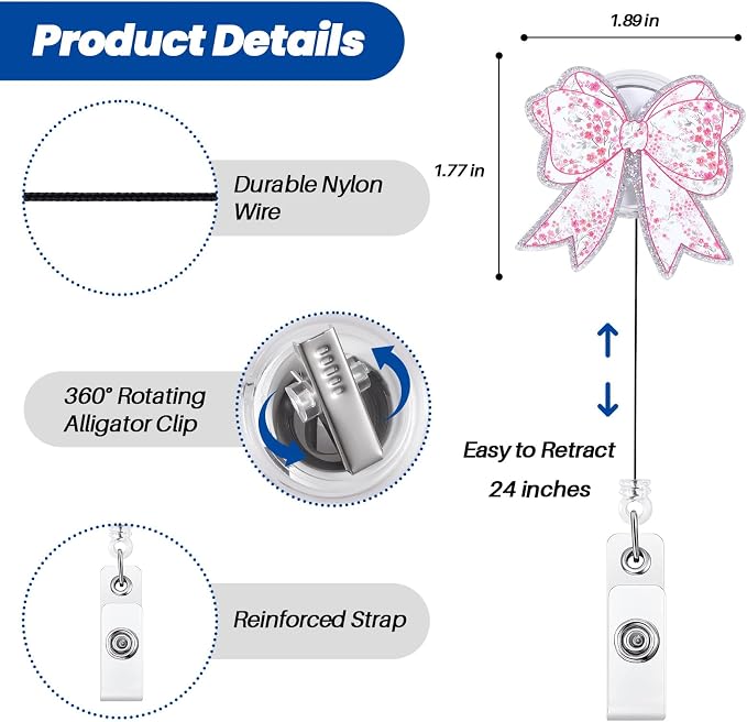 Funny Pink Floral Bow Nurse Badge Reel, Cute Retractable ID Badge Holder - Image 3