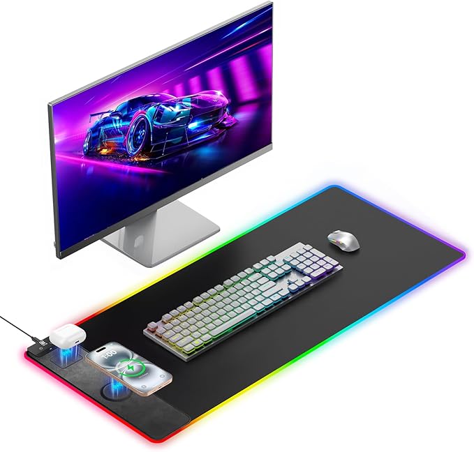 Mouse Pad with Magnetic Wireless Charging, Large Desk Pad Protector, RGB Black by miroddi