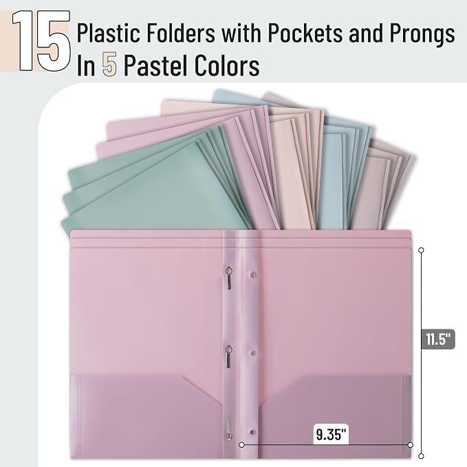 Mr. Pen- Plastic Folders with Pockets and Prongs, 15 Pack, Letter Size | Pastel - Image 2