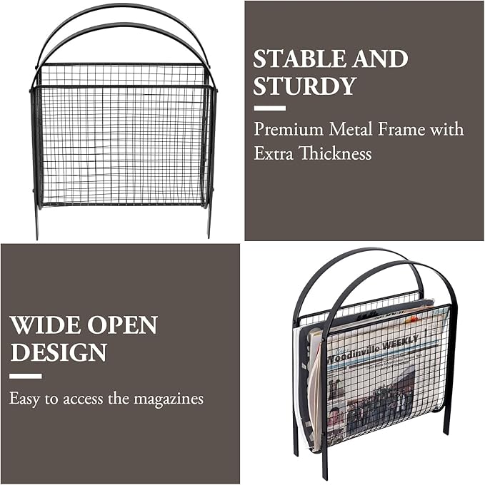 MyGift Mid-Century Design Magazine Rack, Matte Black Tone Metal Mesh - Image 3