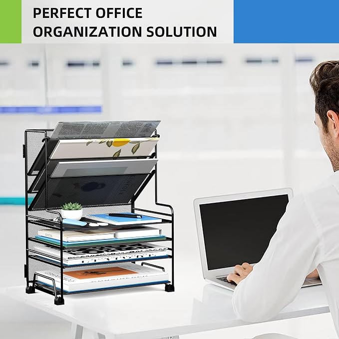 MINDEPOT 4-Tier Paper Organizer + 3-Pocket File Holder + Drawer + Pen Holders - Image 5