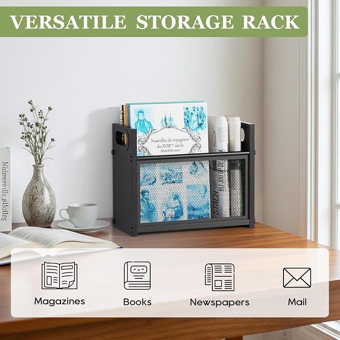 Black Magazine Holder, Wood Magazine Rack Floor, Mesh Magazine File Holder - Image 5