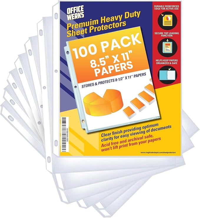 Office Werks 100 Sheet Protectors, Heavy Duty 8.5 X 11 Inch Clear Page by Office+Werks
