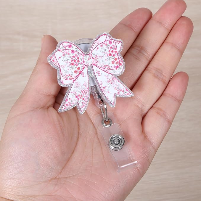 Funny Pink Floral Bow Nurse Badge Reel, Cute Retractable ID Badge Holder - Image 2
