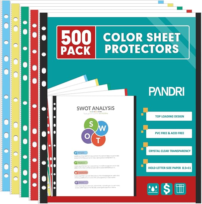 Sheet Protectors, PANDRI 500 Pack Color Heavy Duty Plastic Page Protectors by PANDRI