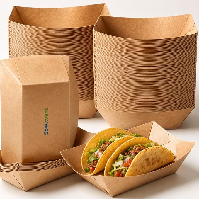 Disposable Kraft Paper Food Trays 4lb 200 Count, Oil Leak Proof Paper Food by Sowinvent