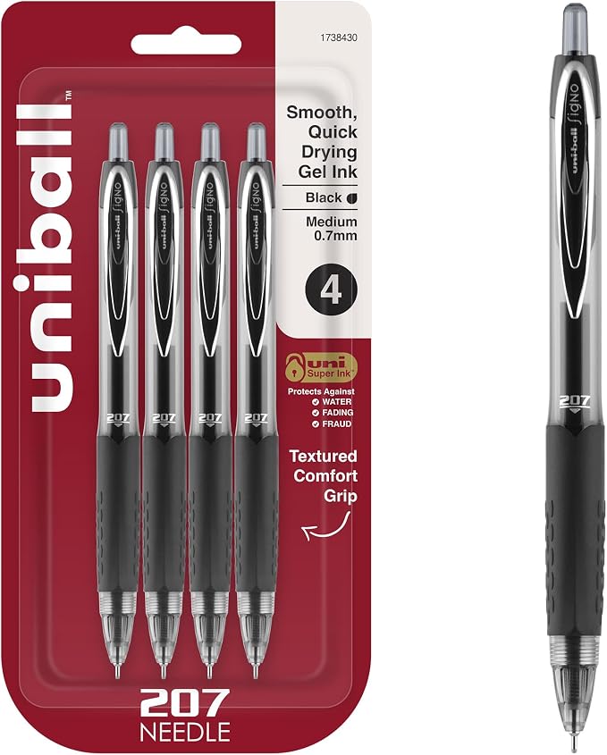 uniball 207 Needle Retractable Gel Pens, Medium Point, 4 Pack by uni-ball