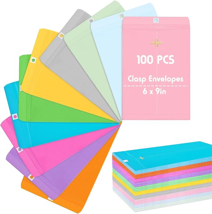 Geyee 100 Pcs Clasp Manilla Envelopes 6 x 9 Inch Gummed Colored Envelopes by Geyee
