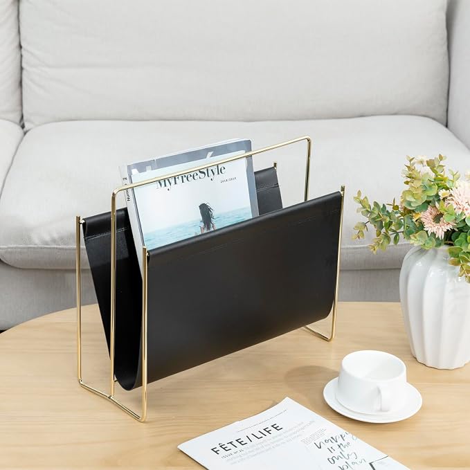 MyGift 15-Inch Modern Black Leatherette & Brass Plated Metal Magazine Holder – - Image 4
