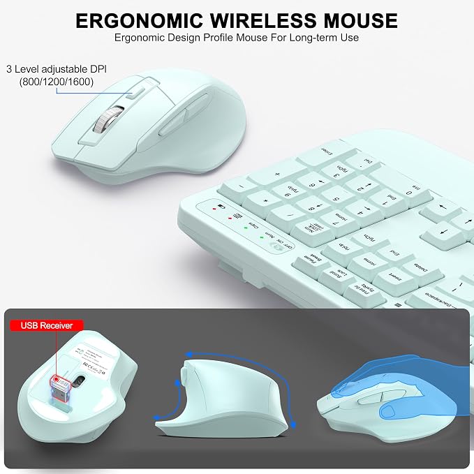 Wireless Keyboard and Mouse Combo, 2.4G Full Size Wave Keys Ergonomic Keyboard - Image 4