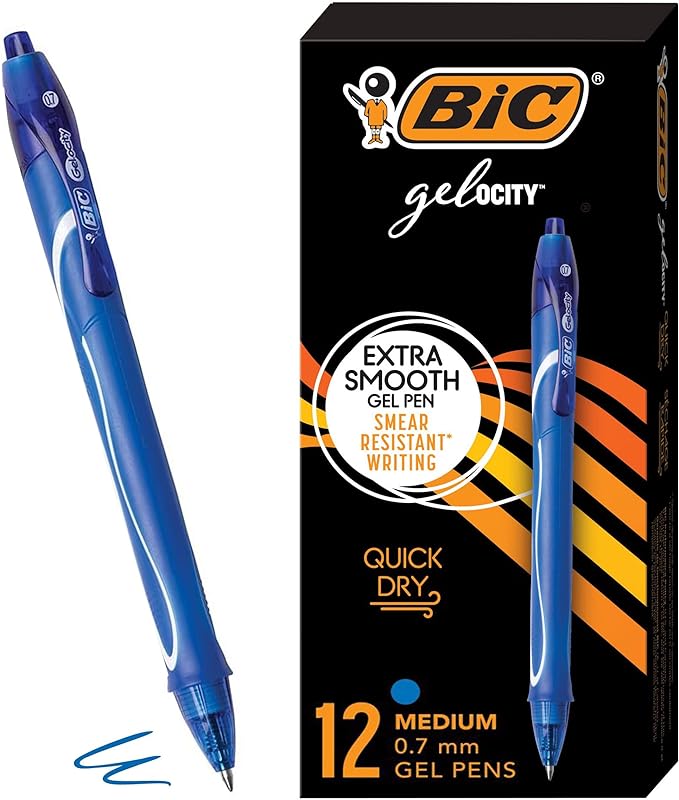 BIC Gelocity Quick Dry Blue Gel Pens, Medium Point, 12-Count Pack, Retractable by BIC