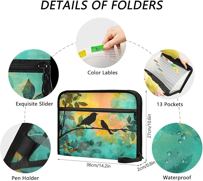 Black Bird Orange Green Accordion File Organizer Expanding Document Folder - Image 3