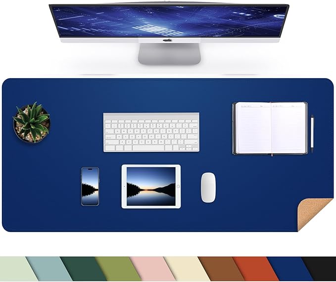 AFIING Cork Desk Mat, Sapphire Blue, 35.4" x 17" | Natural Cork & PU Leather by AFIING