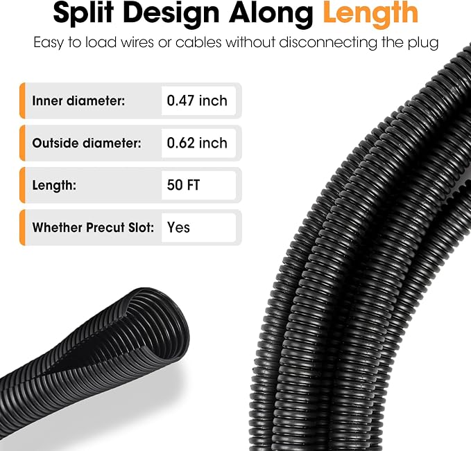 50 FT Wire Loom 1/2 Inch, Split Wire Loom Tubing Wire Conduit, Wire Protector - Image 3