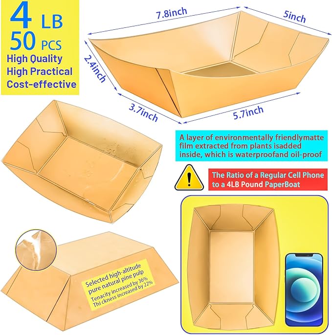 50 Pack 4LB Paper Food Boat Trays Disposable Paper Boat Containers, Heavy Duty - Image 2