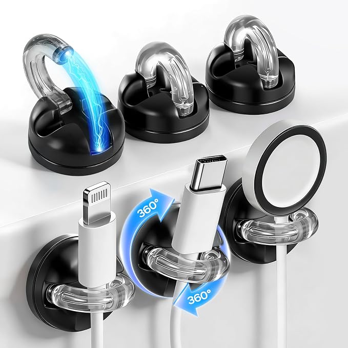 6 Pack 360° Rotatable Magnetic Cable Clips, Under Desk Cable Holder, Acrylic by CozyNestMo