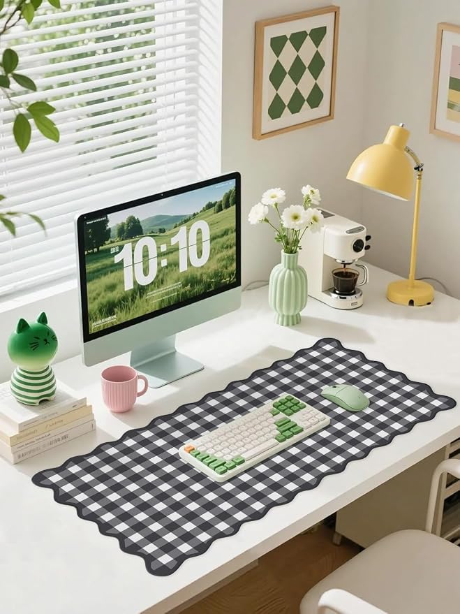 Scalloped‌ Black Desk Mat Checkered Gingham Cute XXL Large Gaming Mouse Pad - Image 2