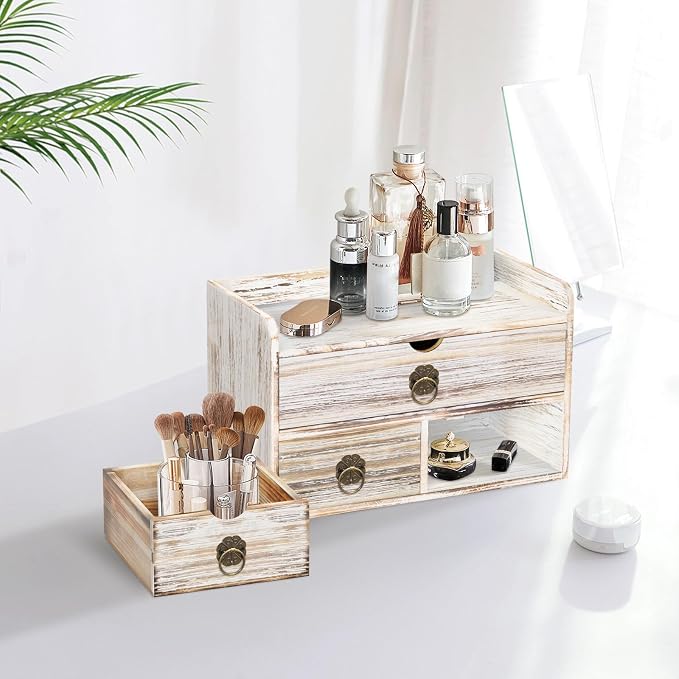 Wood Desk Organizer with Drawer, Vintage Brown Wooden Desktop Organizer - Image 8