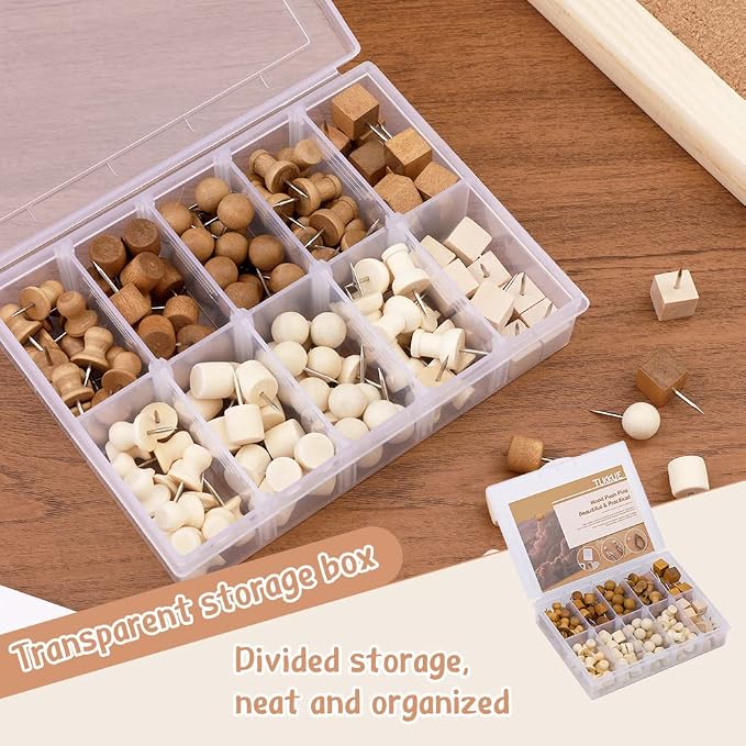 TLKKUE 140 Pieces Push Pins, 5 Style Wood Push Pins Decorative Thumb Tacks - Image 6