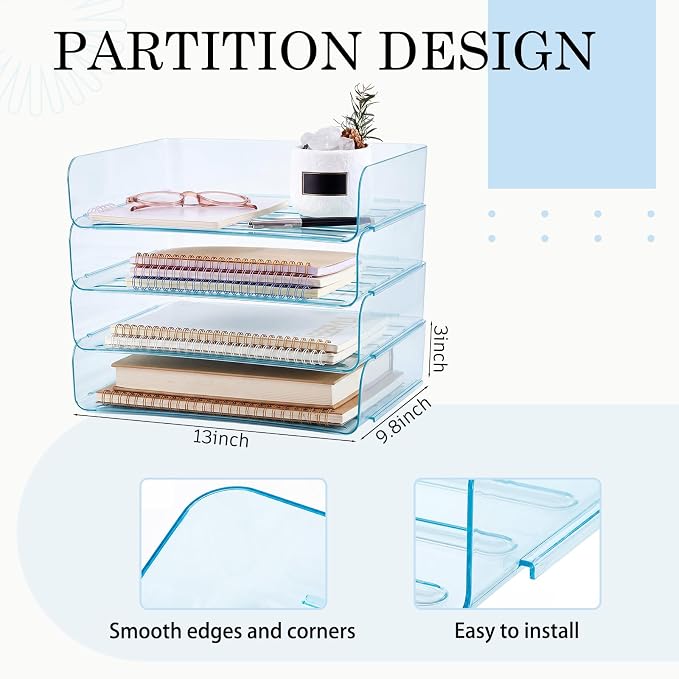 Harloon 4 Tier Clear Blue Acrylic Paper Organizer Letter Tray, Aesthetic - Image 2