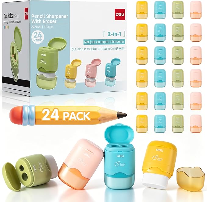 Deli Pencil Sharpener & Eraser, 24 Pack Pencil Sharpeners Manual, Dual Holes by delioffice