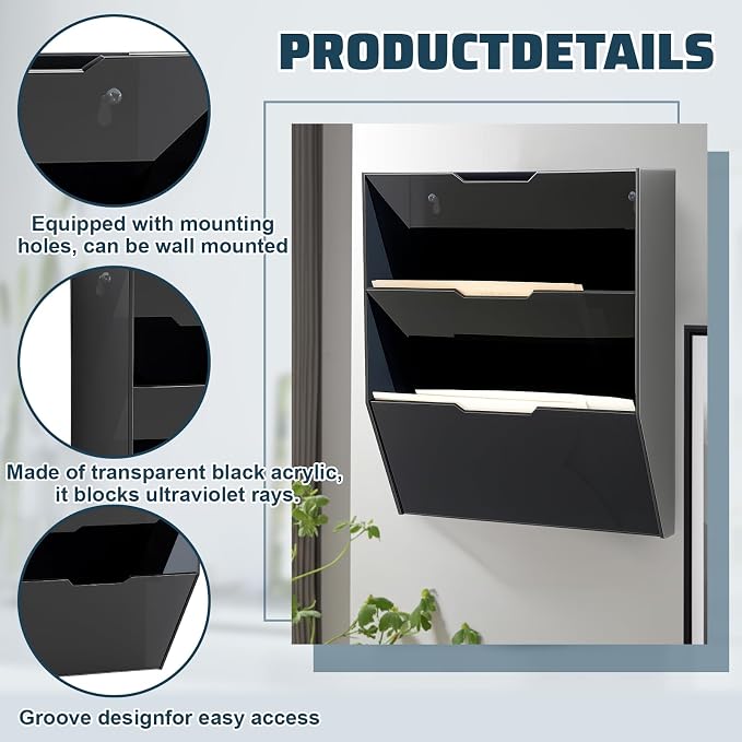 Chunful 3 Tier Mail Sorter Letter Wall Holder Black Acrylic Wall Mounted Mail - Image 3