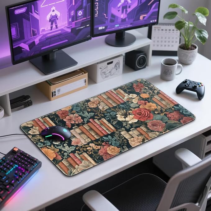 Vintage Library Floral Large Gaming Mouse Pad 31.5"x15.7"｜Books and Roses XXL - Image 7