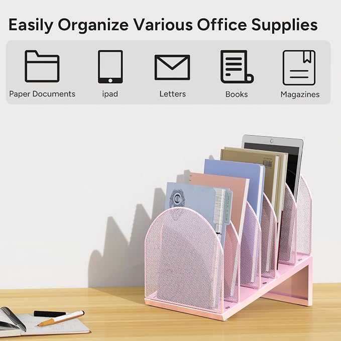 5-Section Desk File Organizer, Metal Mesh Folder Organizer - Image 7