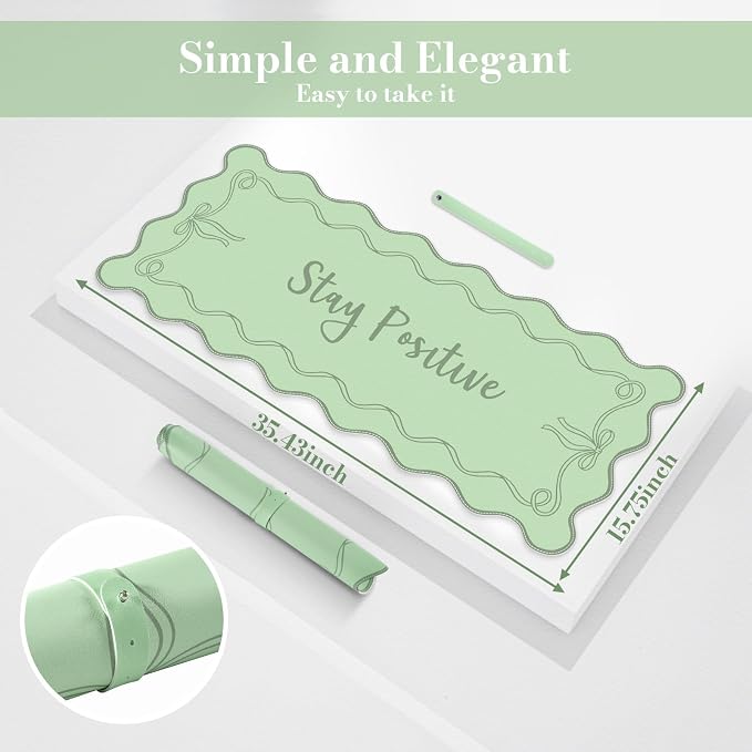 iCasso Green Scalloped Desk Cover Mat, Extra Large Mouse Pad, PU Leather Desk - Image 2