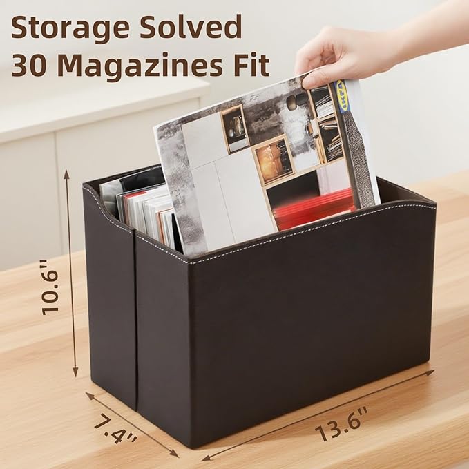 WRINGKIT Leather Magazine File Holder, Foldable Magazine Basket - Image 2