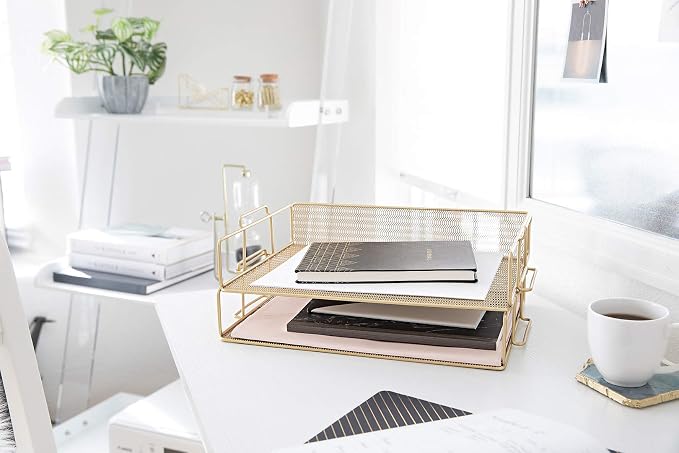 BLU MONACO | Paper Tray Stackable Gold Mesh Set of 2 | Stackable File Trays - Image 2