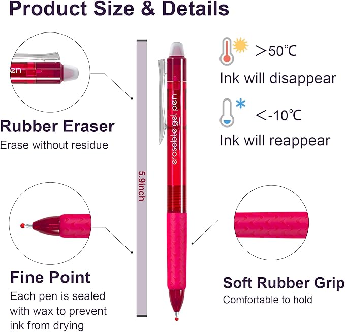 Lineon Erasable Gel Pens, 22 Colors Retractable Erasable Pens Clicker - Image 3
