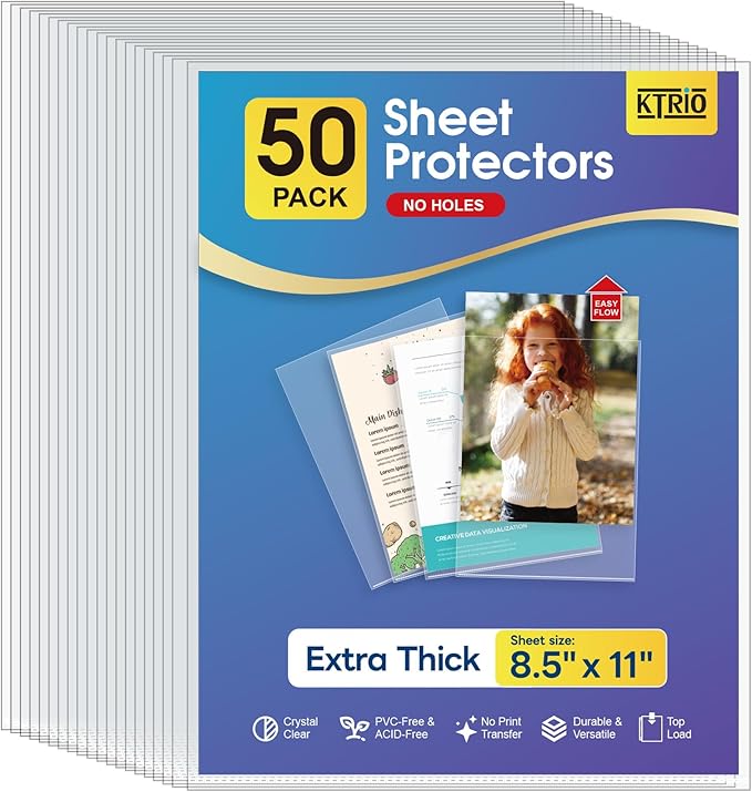 KTRIO No Holes Sheet Protectors 8.5 x 11, 50 Pack Heavy Duty Paper Sleeves | by KTRIO