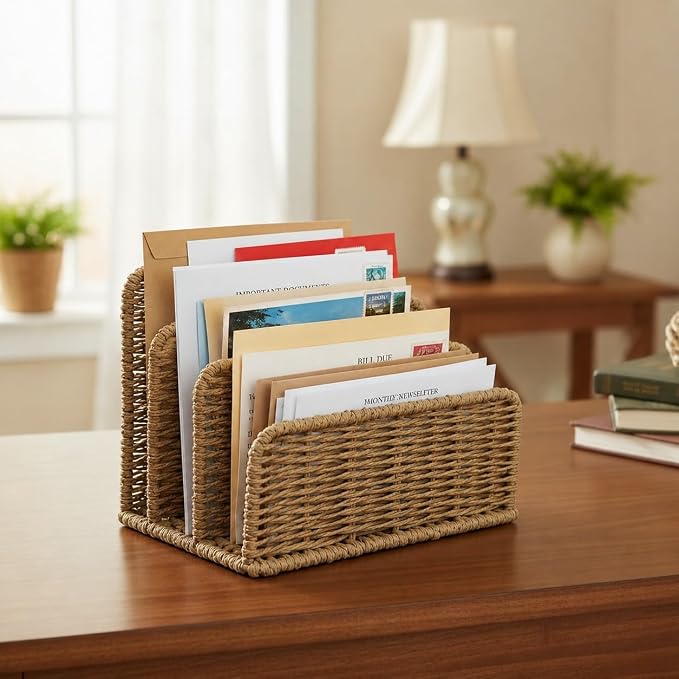 Desk Mail Organizer, 3-Slot Woven Letter Sorter File Tray, Office and Home Use - Image 4