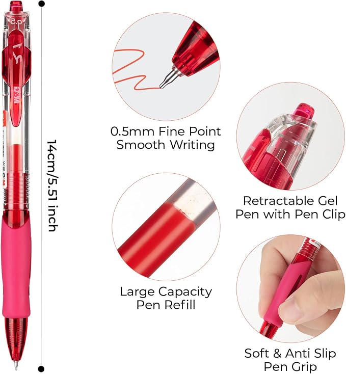 M&G 12Pcs Gel Pens, 0.5mm Red Ink Gel Pens Fine Point, Quick Dry Gel Ink Pens - Image 2