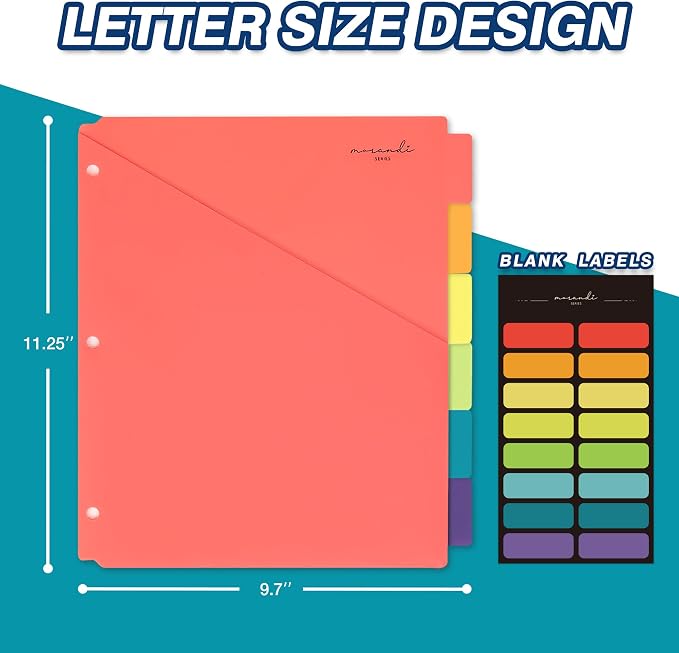 H4D 6-Tab Plastic Binder Dividers, 2 Pockets, Primary Colors, 2 Sets | Made of - Image 2