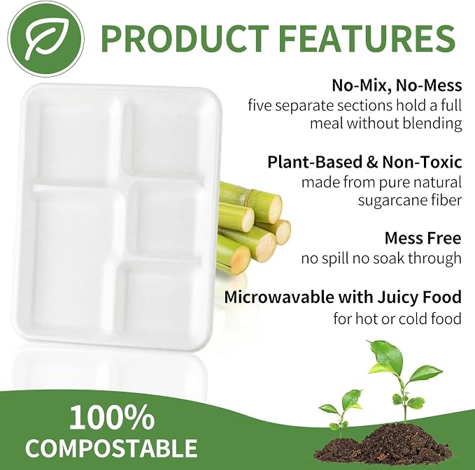 75Pack Compostable 5 Compartment Plates 10.25x8.25 inch Divided Paper Food Trays - Image 3