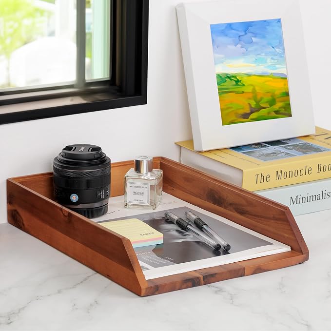 DEMIGO Desk Organizer Letter Tray Set of 2, Natural Acacia Wood Paper Tray | - Image 7