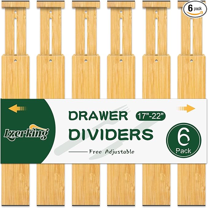 Lzerking Kitchen Drawer Dividers 6 Pack Bamboo Drawer | 17-22" Adjustable by Lzerking
