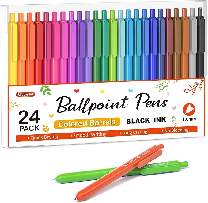 Shuttle Art Ballpoint Pens, 24 Pack Colored Retractable Black Ink Ball Point by ShuttleArt