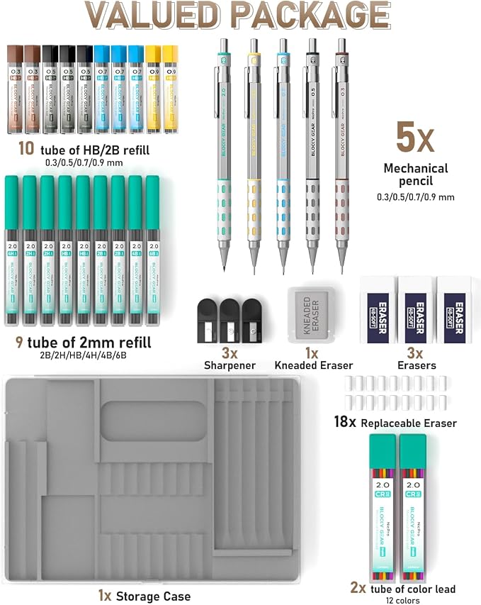 Nicpro 36PCS Blocky Gear Mechanical Pencil Set, Art Drawing Pencils 0.3 0.5 0.7 - Image 7