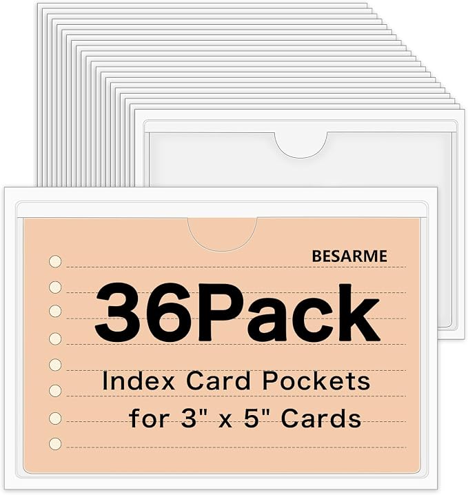36 Pack 3" x 5" Index Card Holder Adhesive Plastic Label Holders Clear Tote Bag by BESARME