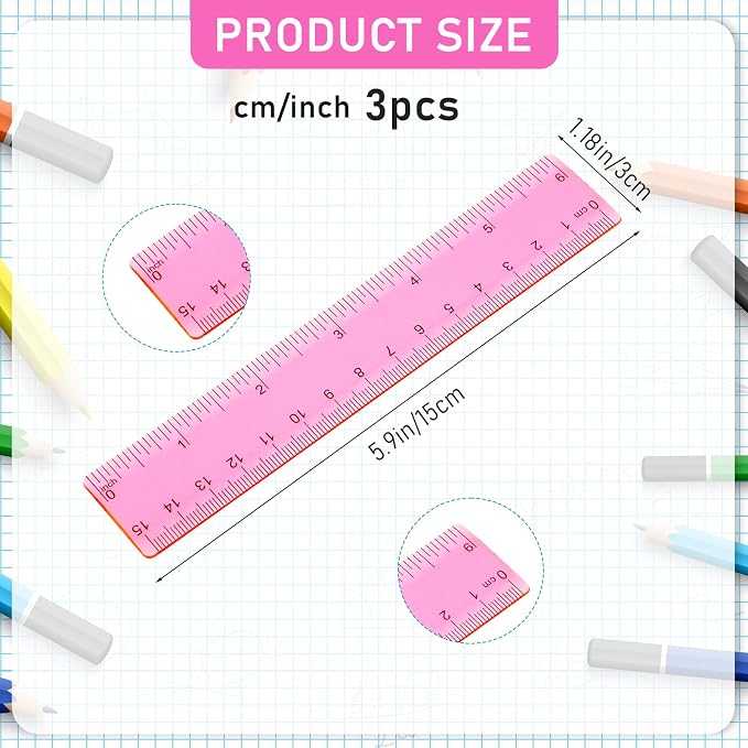 Ruler 6 Inch, 3 Pack Ruler Set Plastic Straight Ruler Transparent Measuring - Image 2