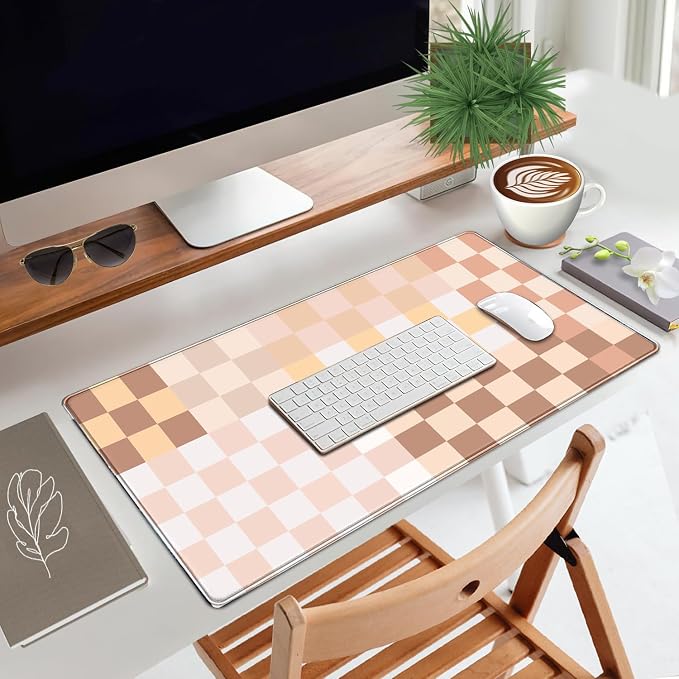 Checkered Boho Desk Mat Beige Pink Mouse Pad XXL Pastel Retro Large Mouse Pad - Image 2