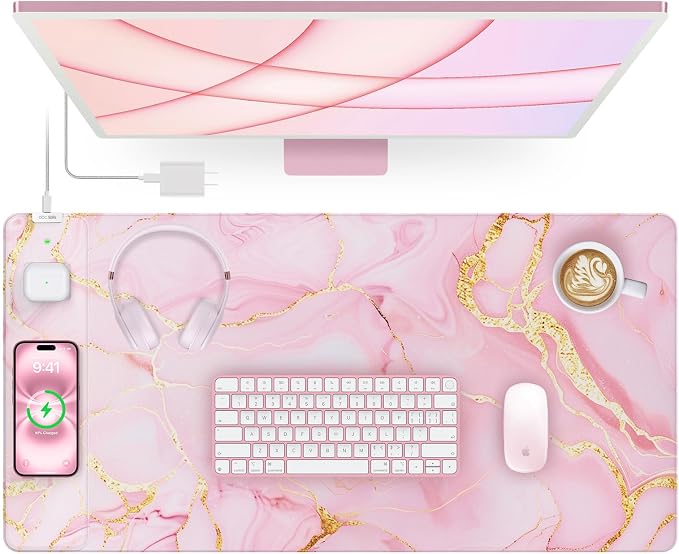 Pink Marble Mouse Pad with 15W Wireless Charging, 31.5"x15.8" Large Gaming Desk by abcmat