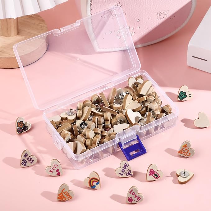 Sawysine 80 Pcs Wood Push Pins, Hearts Cute Thumb Tacks Decorative Push Pins - Image 3